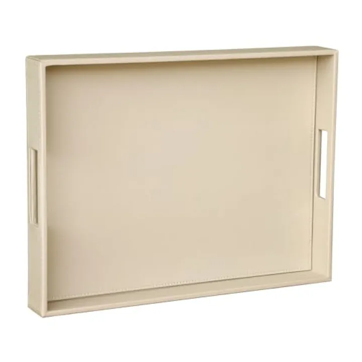 HofferRuffer Rectangle Serving Tray with Hole Handles for Coffee Table, Breakfast, Tea, Food, Butler - Countertop, Kitchen, Vanity Serve Tray, 16.2 x 12.2 x 2 inches, Faux Leather (Dark CreamWhite)
