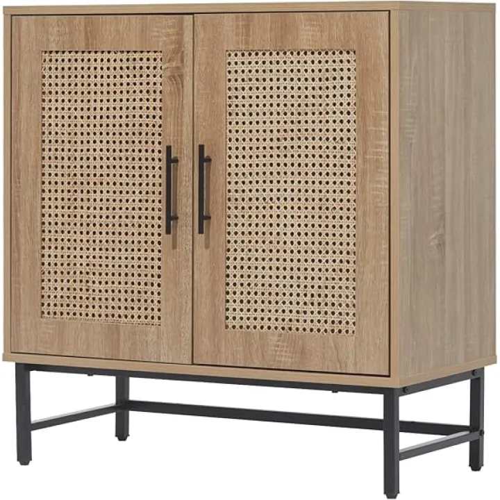 Storage Cabinet with PE Rattan Door, Buffet Sideboard Kitchen Storage Cabinets, Modern Stylish Accent Furniture for Dining Room, Living Room,Hallway,Coffee Bar, Natural(White)
