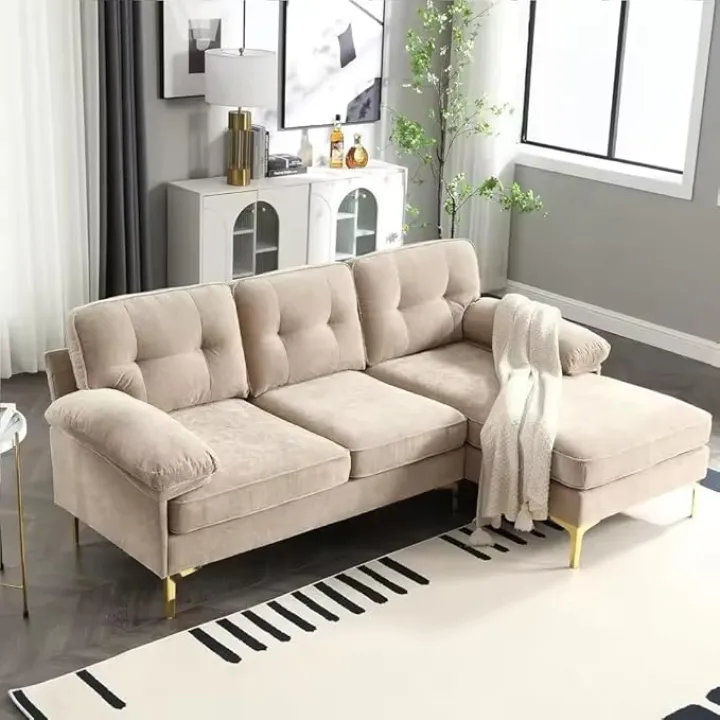 L Shaped Sofa 83" Soft Cushion Fluffy Armrest Couch for Apartment Small Space 3-Seater Sofa with Reversible Chaise(Camel)