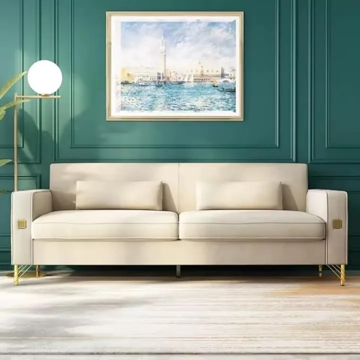 Beige 85'' Velvet Sofa Mid-Century 3-Seat Couch with 2 Pillows Gold Legs for Living Room Apartment Large Space