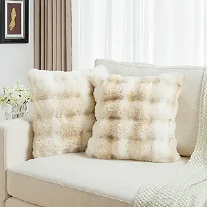 FUTEI Beige White Decorative Throw Pillow Covers 18x18 Inch Set of 2,Soft Fuzzy Faux Rabbit Fur Cushion Covers with Raised Texture,Neutral Boho Home Decor for Couch Bed Living Room