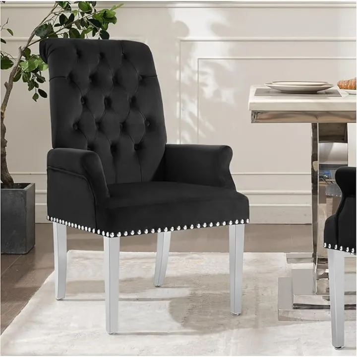 AODCHR Upholstered Velvet Accent Dining Chair, Elegant Tufted Dining Room Kitchen Room Arm Chair with Stainless Steel Leg, Black