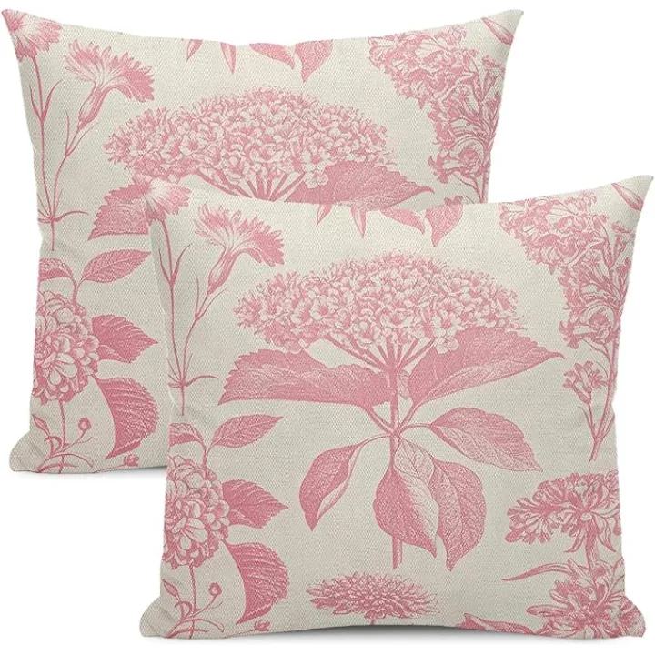 Floral Pillow Covers 18x18 Set of 2 Vintage Pink Hydrangea Herbs Botanical Throw Pillow Cover Outdoor Decoration Boho Flower Pillowcase Farmhouse Decorative Cushion Case for Sofa Couch