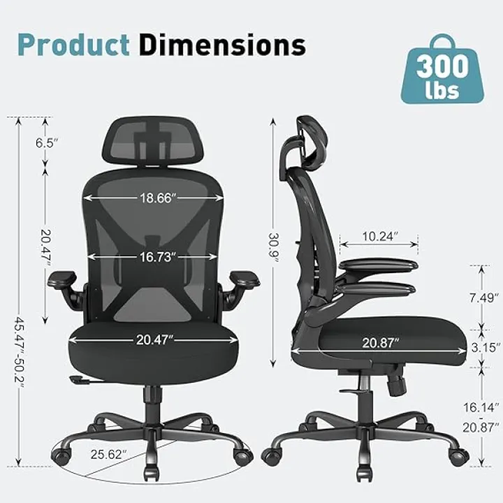 Ergonomic Office Chair with Adjustable Lumbar Support and Headrest, Mesh Home Office Desk Chair with Wheels and Flip-up Arms, Black
