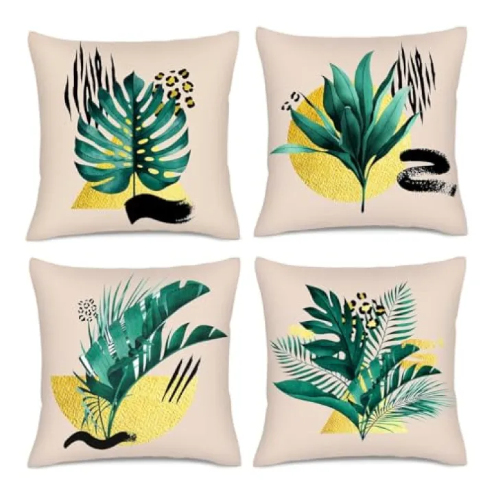 HIKENVIU Tropical Leaves Throw Pillow Covers 18x18 Inches Set of 4, Outdoor Emerald Gold Decorative Pillow Cover for Sofa Couch Bedroom Livingroom Green and Golden Decor Pillowcases