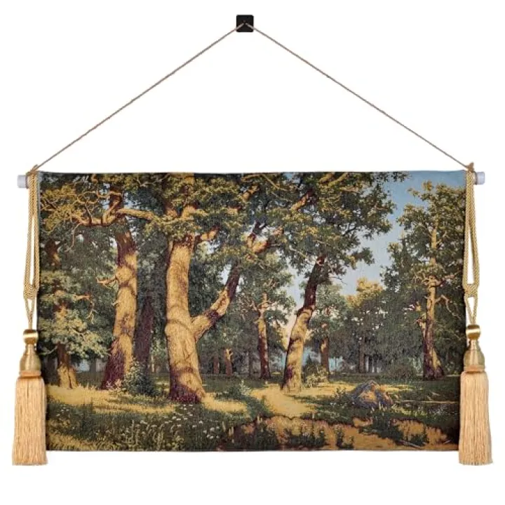 AureoMadis Vintage Nature Tree Forest Tapestry Wall Hanging – Enchanted Oak Canopy Aesthetic, Green Jacquard Woven Art with Telescopic Rod & Tassels, 42"x27" Decor for Bedroom/Living Room