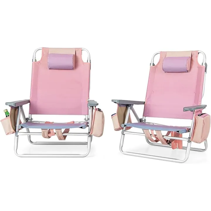 Backpack Beach Chair, 5 Position Adjustable Camping Chairs with Head Pillow, Cooler Bag, Towel Bar, Cup Holders, Portable 2-Pack Folding Beach Chairs for Adults (Without Table, Gradient Pink)