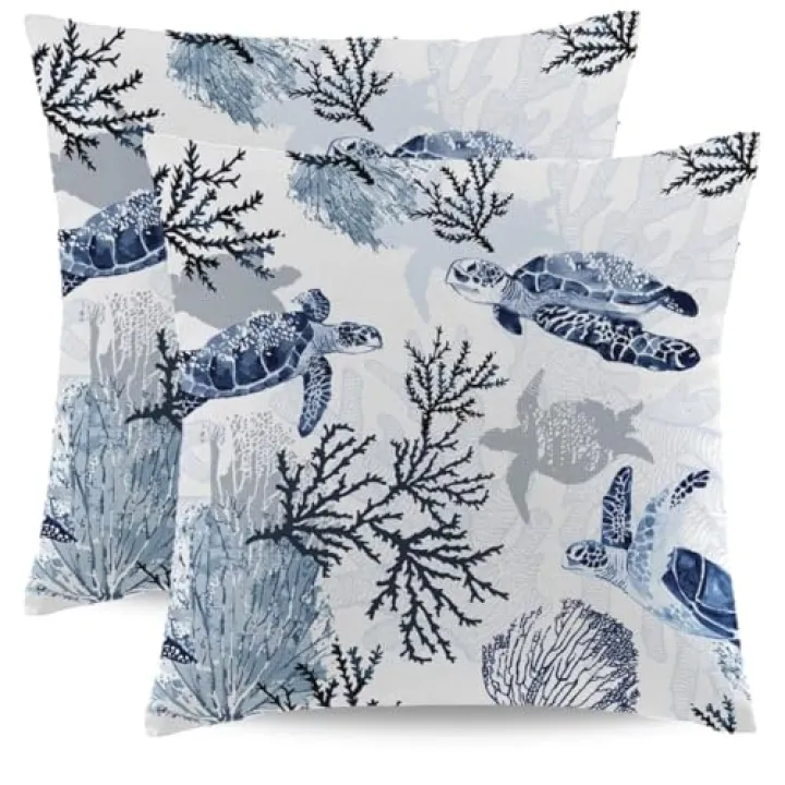 Wsunsal Coastal Turtle Pillow Covers 16 x 16 Inch Set of 2 Blue Coral Sea Nautical Decorative Throw Pillows Beach Ocean Themed Outdoor Pillow Cases Linen Cushion Covers for Home Couch Sofa Bedding