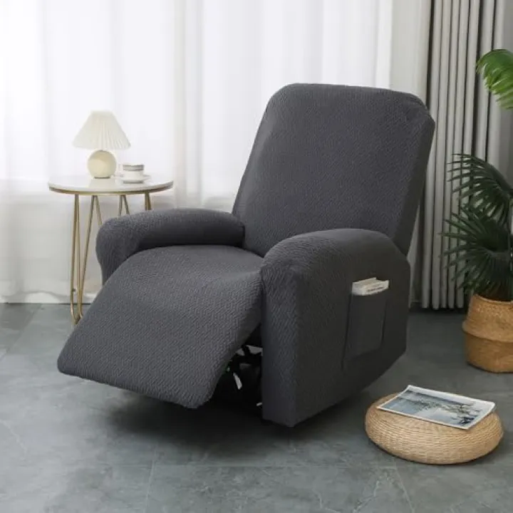 Stretch Recliner Chair Covers with Pocket 4 Piece, Chair Covers for Living Room, Slip Covers for Recliners with Arms, Anti-Slip Fitted Recliner Cover Couch Furniture Protector (Dark Grey)