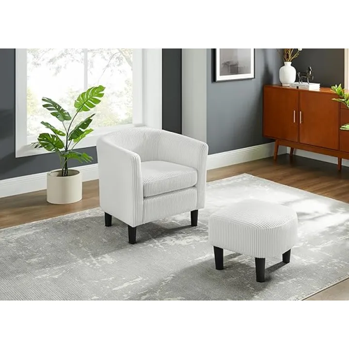 27" Modern Accent Chairs,Upholstered Armchair,Corduroy Single Sofa Seat with Ottoman Foot Rest and Arm for Living Room,Bedroom,Office,White