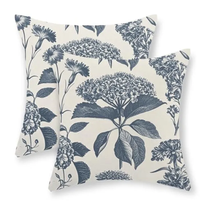 GOLIANDA Blue Pillow Covers 18x18 Set of 2 Vintage Boho Floral Hydrangea Herbs Botanical Throw Pillow Cover Outdoor Flower Decoration Pillowcase Linen Farmhouse Cushion Case Decorative for Couch Sofa