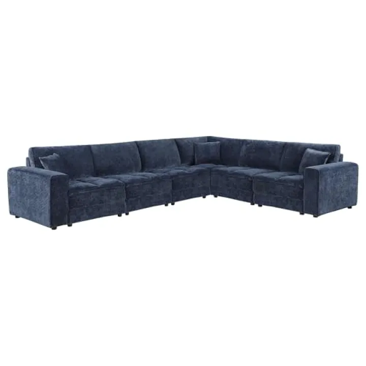 Coaster Home Furnishings - Atlantic - 6-Piece Upholstered Modular Sectional Sofa with L-Shaped Design and Tufted Seat - Living Room - Blue - 551821-SETC