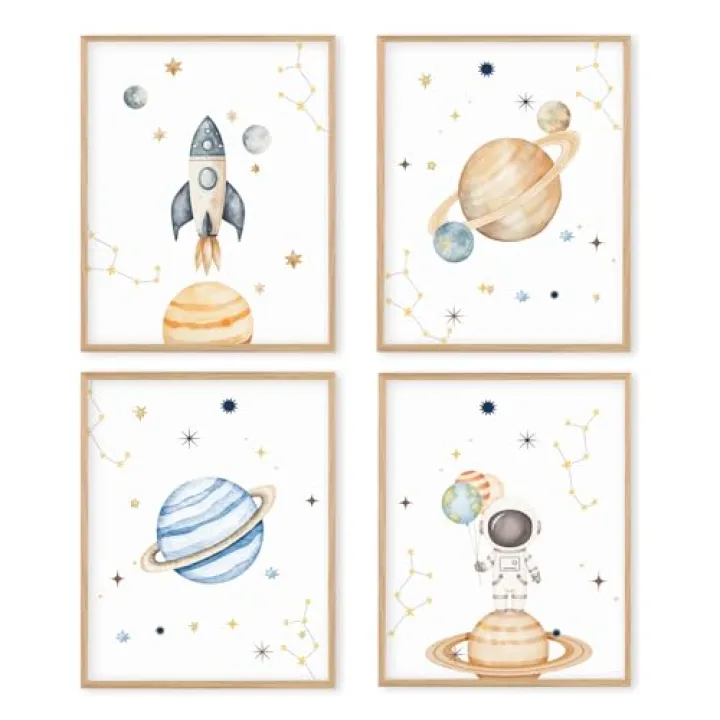 Boat Wades Space Themed Bedroom Decor Wall Art Unframed,Space Nursery Decor 8x10 Inches Set Of 4,Solar System Poster Prints Pictures