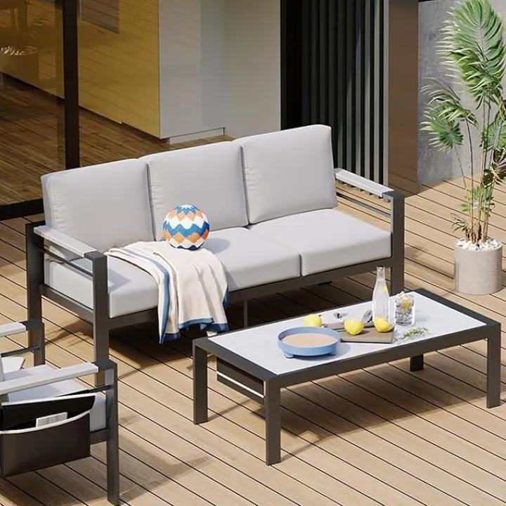 Bestier Aluminum Patio Sofa 3 Seater, All-Weather Metal 3-Seat Outdoor Couch with Thicken Waterproof Cushion for Patio, Balcony and Poolside, Grey