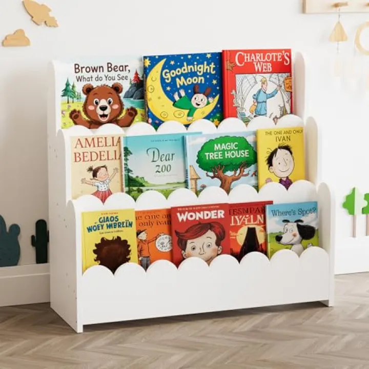 SpaceAid 3-Tier Scalloped Bookshelf, Montessori Bookcase for Toddlers, Wooden Book Shelf Organizer Display Furniture for Kids Rooms, Playroom, Nursery and Classroom, White