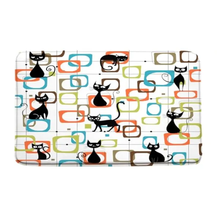 Mid Century Cat Bath Mat Atomic Kitty Modern Abstract Teal Orange Geometric Iconic Pattern 1950s 60s Vintage Minimalist Decor Bathroom Rug Floor Mat