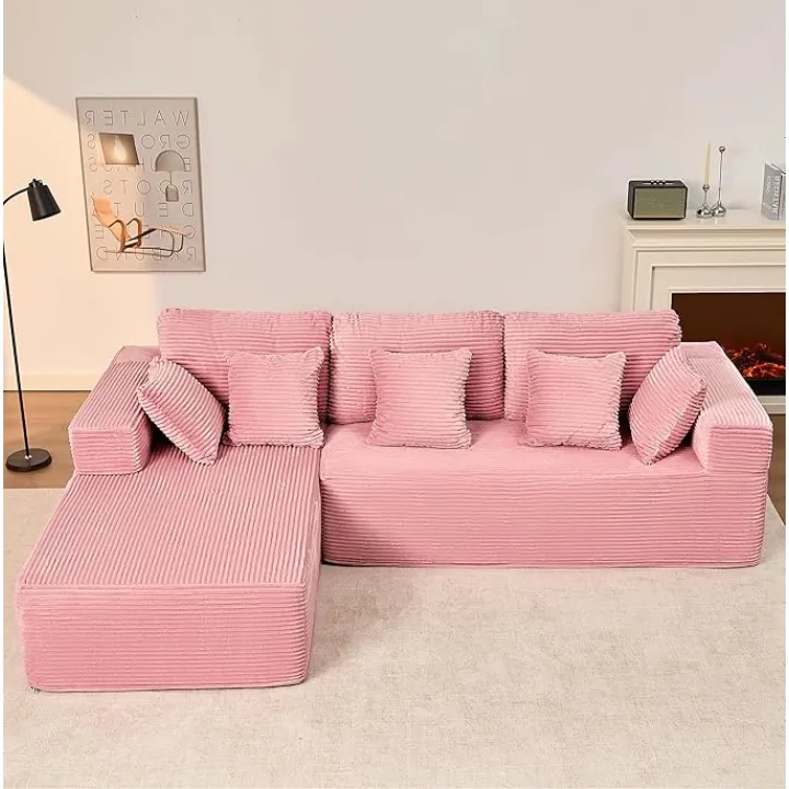 107" Boneless Couch with Deep Seat, Modular Sectional Sofa, Cloud Sectional Couch for Living Room, No Assembly Required, Corduroy, L-Shape Left，Pink