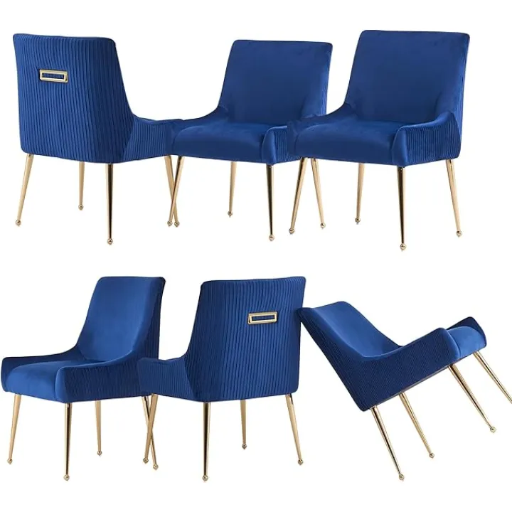 Velvet Dining Chairs Set of 6,Modern Simple Kitchen Dining Room Chairs,Thickened Upholstery with Gold Metal Legs,Pleated Design Accent Chair with Frosted Carrying Handle (Blue)