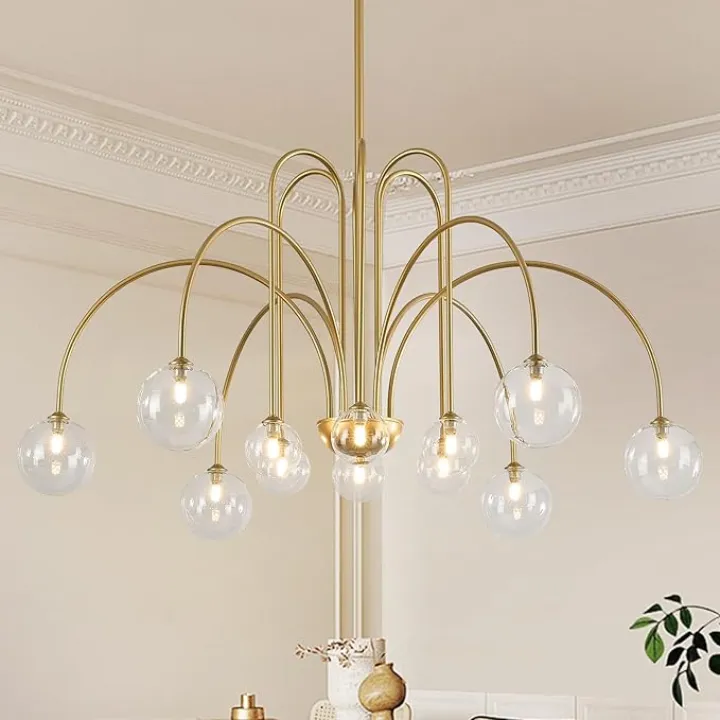 Gold Sputnik Chandeliers 12 Lights Modern Chandelier Large L52”Mid Century Ceiling Pendant Light Fixtures with Clear Glass Globe Shades for High Ceiling Living Dining Room Foyer Staircase