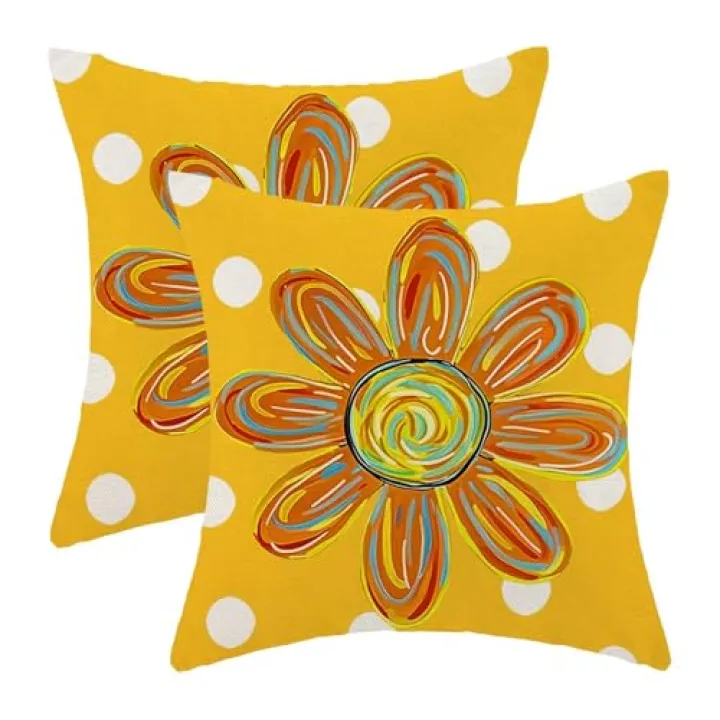 ZHOUYETAK Summer Flower Pillow Covers 18x18 Inch Set of 2, Sunshine Floral Outdoor Decorative Oil Painting Polka Dot Throw Pillows Yellow Orange Couch Cushion Case for Chair Sofa Bedroom Living Room