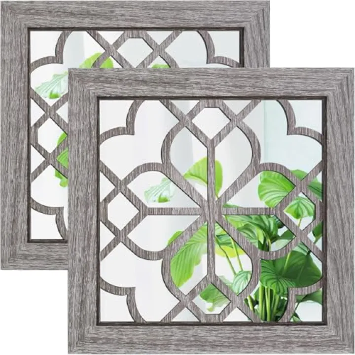 HMANGE Boho Wall Mirror Decor, Set of 2 Rustic Farmhouse Accent Mirror 12x12 Inch, Square Shatterproof Vintage Style Mirrors for Wall, Small Decorative Mirrors for Living Room, Bedroom(Brown)