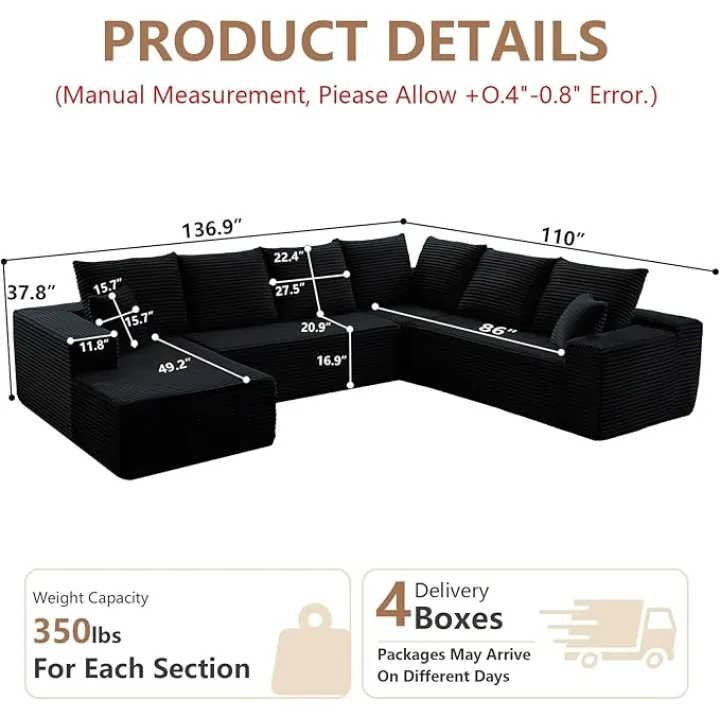 Cloud Modular Sectional Sofa for Living Room,137x110 Oversized U-Shaped Couch with 9 Pillows,Big Comfy Couches Set,Fluffy Deep-Seat Corduroy Sofa with Chaise,No Assembly (Black,Left-Facing Chaise)