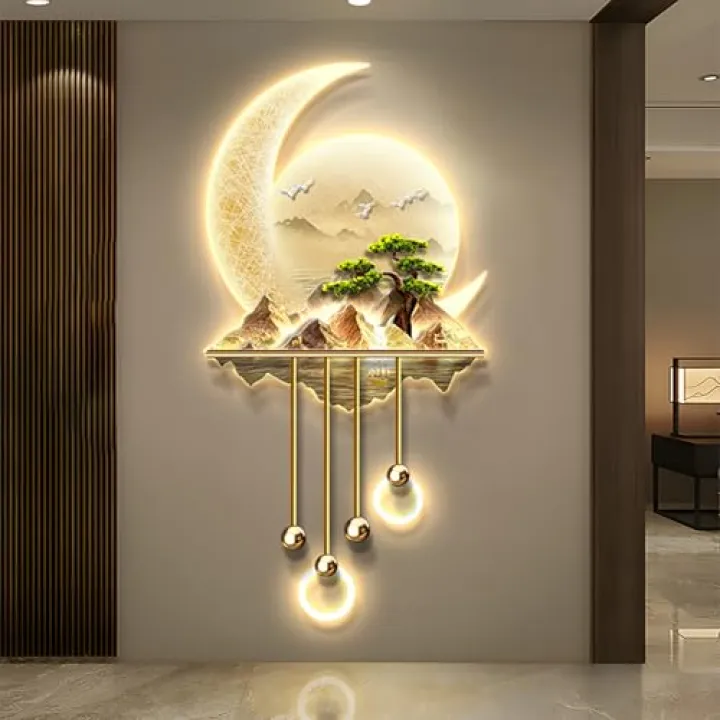 SUZEPER 3D Wall Art Decor, Large Wall Sculpture Painting with Led Light, Creative Landscape Wall Hanging Mural for Entrance Hallway Bedroom Home Wall Decor(19.7x39.4in, A)