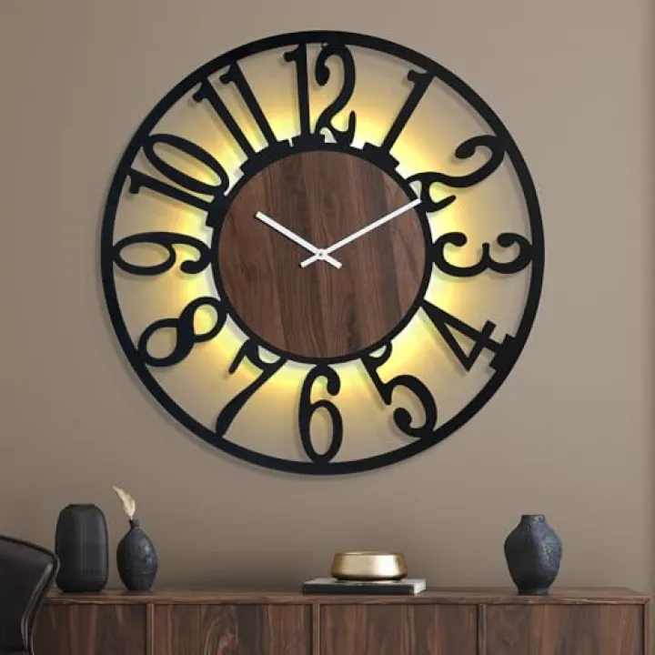 Mee 2ou 32 Inch Large Metal Wall Clock with Voice and Light Sensor Night Light, Glow in The Dark Non-Ticking Silent Battery Operated Decorative Oversized Wall Clock for Bedroom Living Room Decor