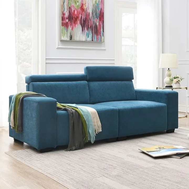 Upholstered Sofa Couch 3 Seat Sofa with Removable Back, Seat Cushions and 4 Pillows, Modern Linen Fabric Couch(Light Blue-87)