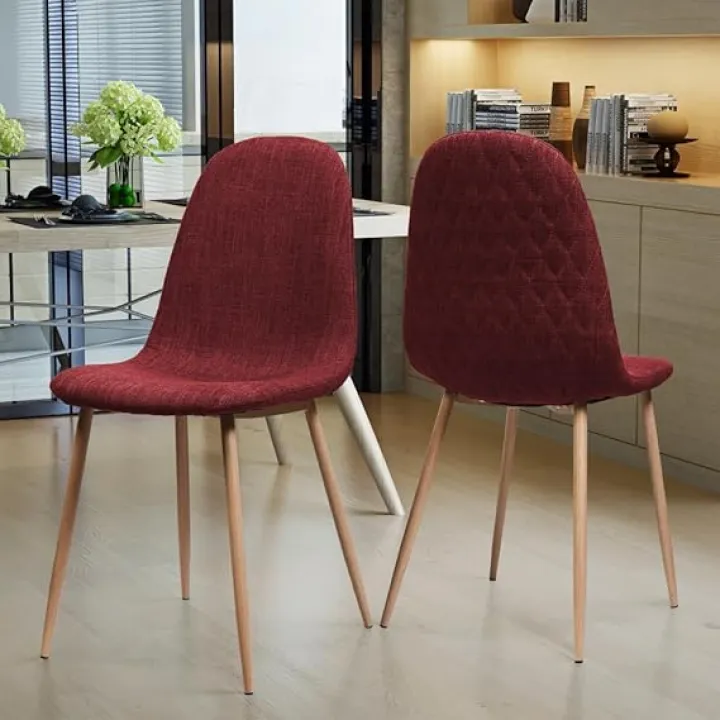 Mid-Century Dining Chair Fabric Upholstered Chair with Light Walnut Finished Metal Legs (Set of 2) (Red)