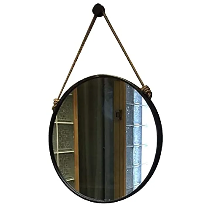 TYUHDUYUR Round Wall Mounted Mirror with Rope Black Frame | Circular Decorative Hanging Mirror for Bathroom Circle Wall Mirror Art Vanity Makeup Mirrors Rustic Antique Fashion / 40