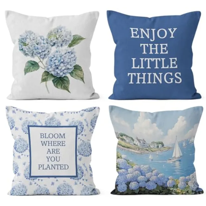 HIWX Blue Hydrangea Floral Pillow Covers 18x18 Set of 4, Inspirational Motivational Gifts for Women, Blue Hydrangea Floral Coastal Beach Decorative Pillow Covers for Couch Bed Home Room Bedroom Decor