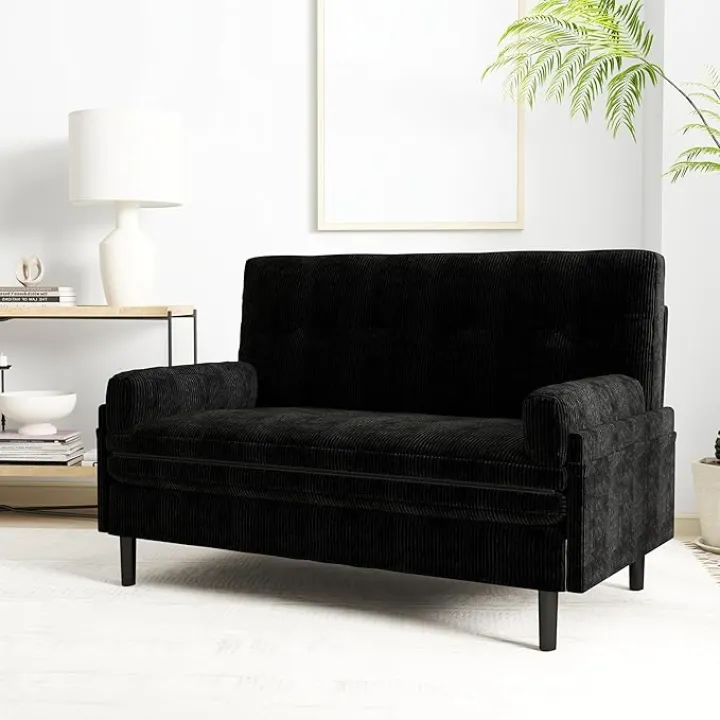 KEIKI Modern Loveseat Sofa Bed with Adjustable Backrest, 2-Seat Velvet Upholstered Futon Convertible Reclining Sleeper Couch for Small Space, Living Room, Black