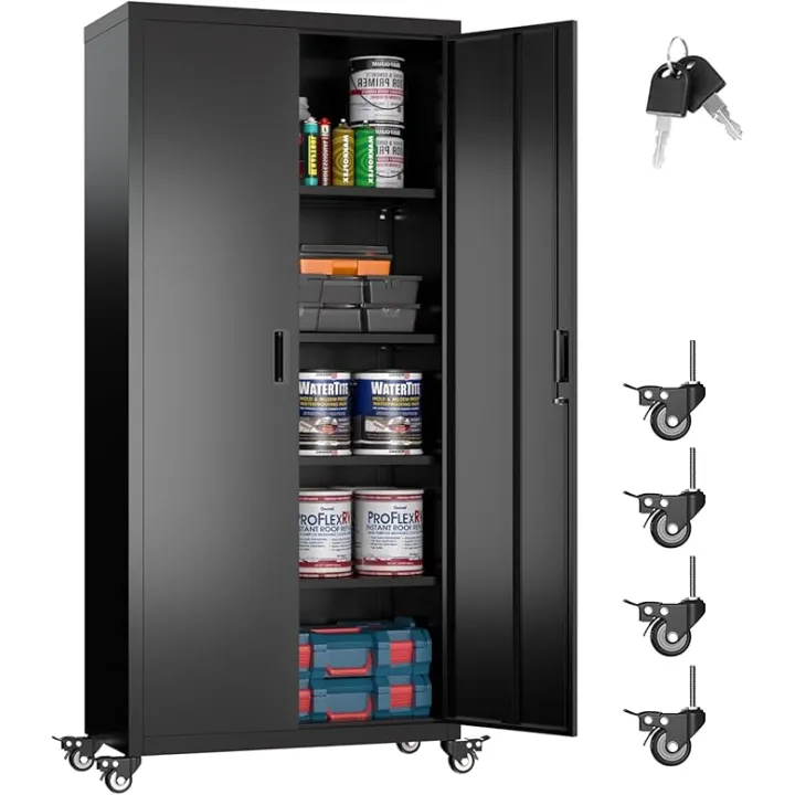Metal Garage Storage Cabinet with Wheels, 73'' Steel Cabinets on Wheels for Office School Home Warehouse Utility Room Garage, Assembly Require,Black
