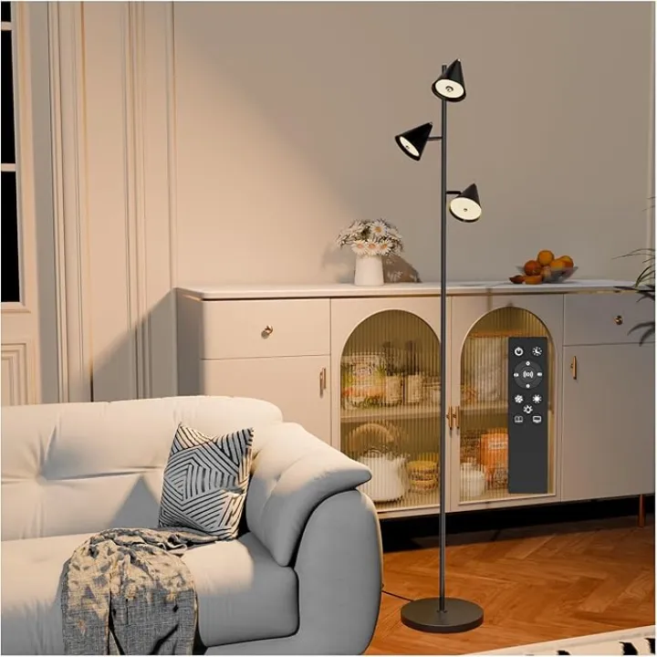Floor Lamp 3 LED Lights Simple Design Tall Standing Rotatable Dimmable Lighting with Magnetic Remote Control for Bedroom Reading Room Office 5 Color Temperatures 6500K 63"