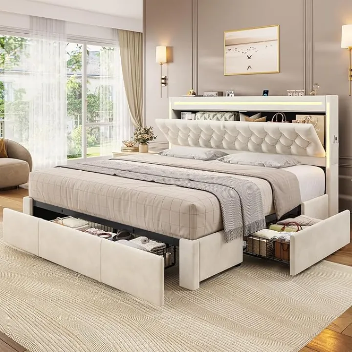 Upholstered LED Bed Frame King Size with 3 Storage Drawers, Hidden Storage Headboard with Charging Station, Velvet Button Tufted Headboard Platform Bed, Beige