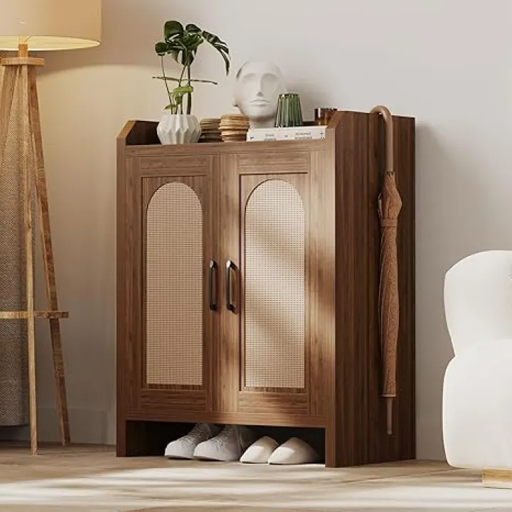 Shoe Cabinet Storage for Entryway, Natural Rattan Storage Cabinet, Wooden Shoe Rack, Farmhouse Boho Wood Shoe Organizer Cabinet for Hallway Walnut