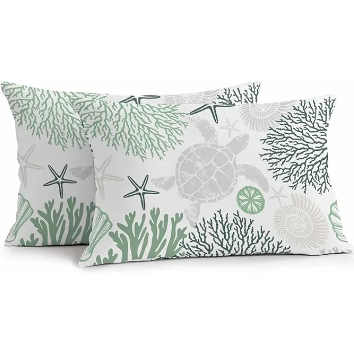 Green Grey Coastal Turtle Outdoor Waterproof Pillow Covers, Ocean Coral Nautical Decorative Rectangle Throw Pillowcase Sofa Cushion Sham for Patio/Couch/Chair, 20"x12" 2 Pack
