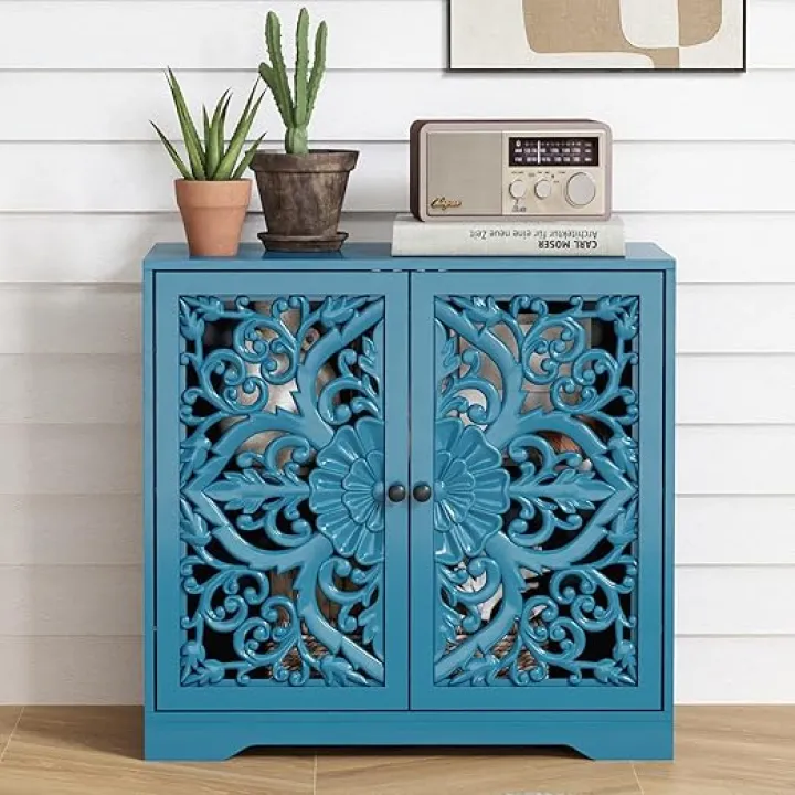 63" Sideboard Buffet Cabinet Set of 2, Wooden Carved Storage Cabinet with Hollow Carved Pattern Doors and Adjustable Shelves, Accent Coffee Bar Table Console for Living Room (Blue)