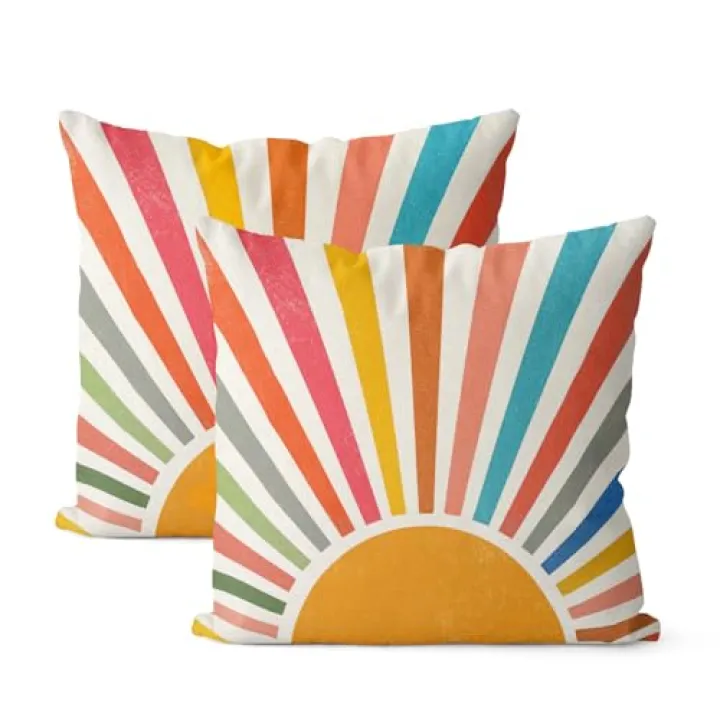 GOLIANDA Summer Pillow Covers 16x16 Set of 2 Colorful Stripes Yellow Sunshine Throw Pillows Outdoor Boho Rainbow Sun Decorative Pillow Cases Linen Modern Farmhouse Cushion Case for Home Bedroom Decor