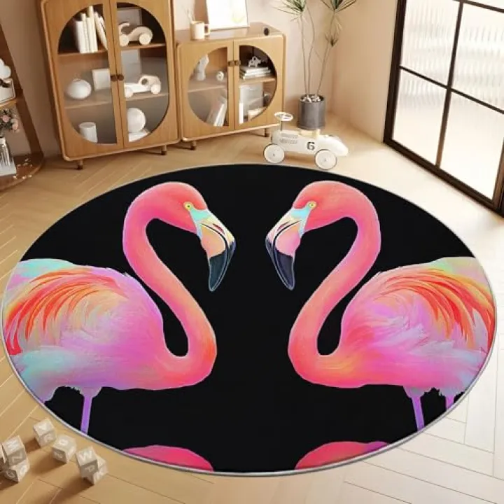 Round Rug Black 6ft Flamingo Pink Washable Circle Rug Non Slip Low Pile Small Circular Rug for Bedroom, Bathroom, Entryway, Kids Room, Office, Dorm