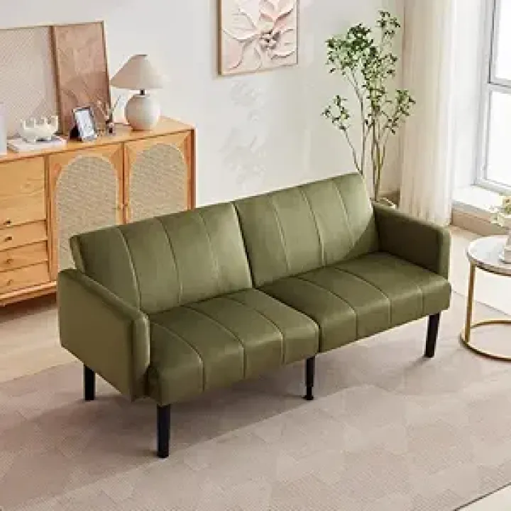 75.5” Convertible Futon Sofa Bed, Linen Flannel Small Couch Sofa with Wood Legs & 700lbs Capacity, Adjustable Folding Loveseat, Mid Century Modern Futon Couch, Cozy Couches for Living Room - Green