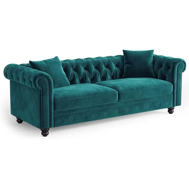 82 Inch Chesterfield Sofa, 23 Inch Deep Seat Velvet Couch for Living Room, Button Tufted Couch with Rolled Arms, 2 Throw Pillows, Comfy Vintage Loveseat Sofa for Apartment, Green