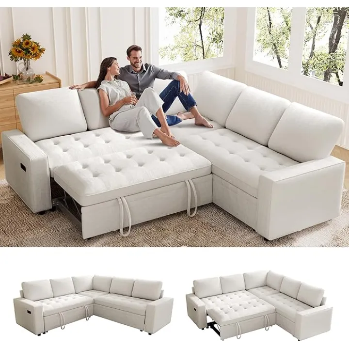 Sectional Sleeper Sofa with Pull Out Bed, L Shaped 5 Seat Modular Sectional Sofa with USB Ports & Adjustable Backrest, Chenille Sectional Couches with Storage Seats for Living Room, Beige