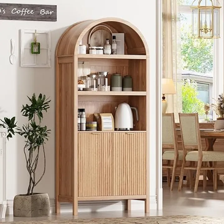 71" Tall Arched Kitchen Pantry,Modern Fluted Wood Storage Cabinet with Doors,Adjustable Shelves,Organizer, Versatile Cupboard for Kitchen,Living Room,Dining Room,Bathroom,Oak