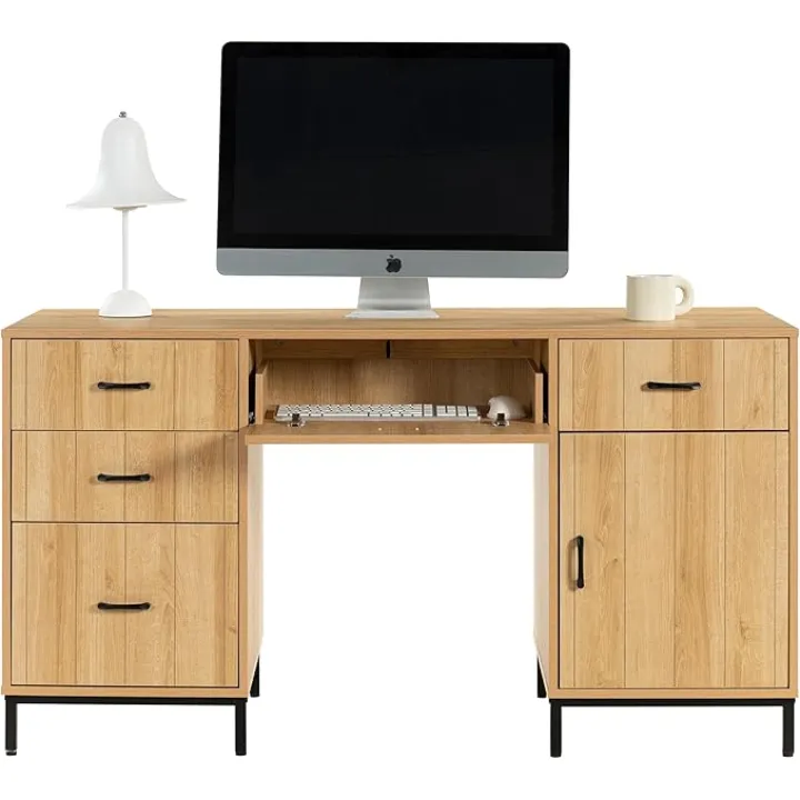 55" Executive Desk, Modern Wood Office Table with Charging Station, 5 File Drawer & 1 Storage Cabinet, Home Computer Writing Desk for Work Study, Living Room, Bedroom (Natural Oak)