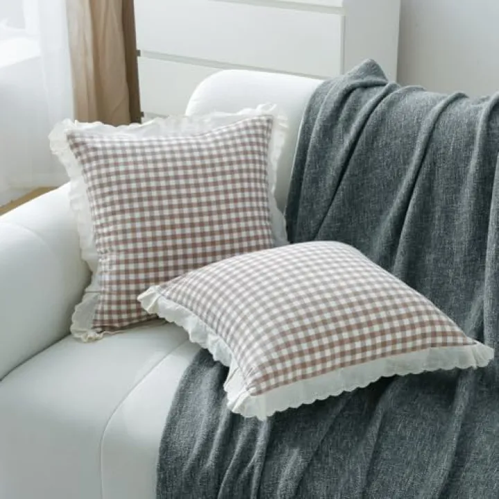 Mywinlle Taupe Plaid Lace Decorative Throw Pillow Covers for Couch 20"x20",2 Pack Vintage Checkered Washed Cotton Gingham Pillowcases for Bed, Sofa, Living Room