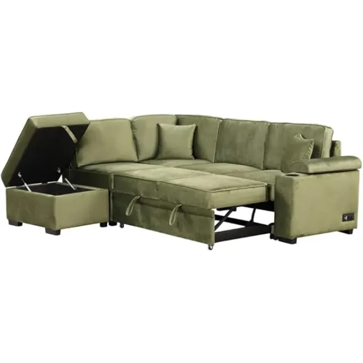 87.4" Sleeper Sofa Bed,2 in 1 Pull Out Sofa Bed L Shape Couch with Storage Ottoman for Living Room Bedroom Green