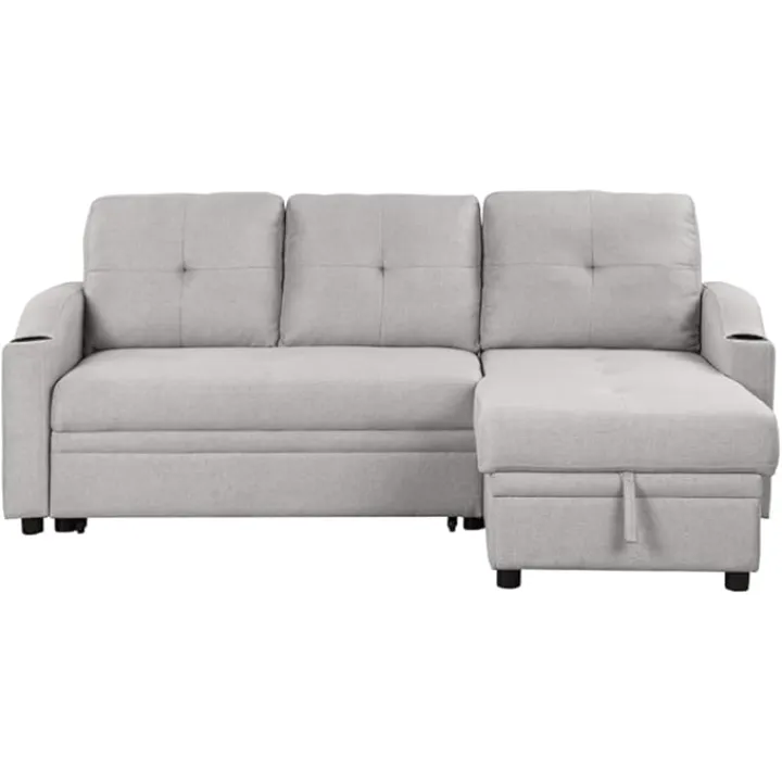 Pull Out Sofa Bed Padded Upholstered Sofa Bed, Linen Fabric 3 Seater Couch with Storage Chaise and Cup Holder
