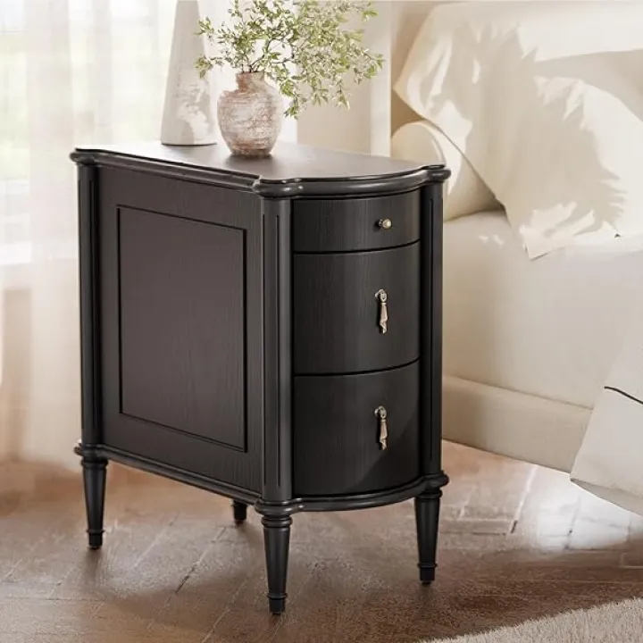 STO'SENSE Nightstand w/Charging Station & 3 Drawers, Pre-Assembled, Vintage Side Table w/Antique-Finished Pulls, Rustic Wood Finish, Narrow End Table w/Turned Legs for Bedroom (1, Brown)